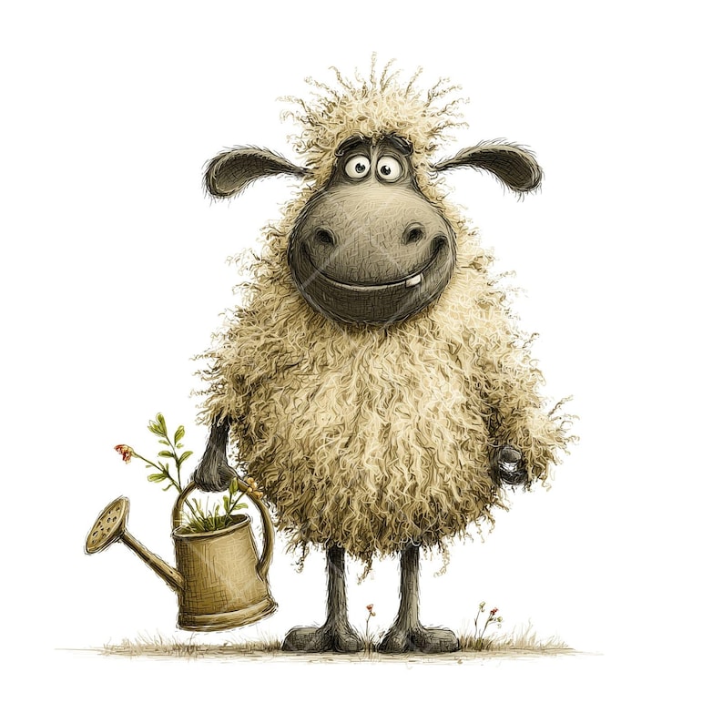 May include: A cartoon sheep with a fluffy, light brown coat and a smiling face, holding a tan watering can with a plant. The sheep has dark ears and is standing on a patch of grass. The watering can contains green plants and red flowers.