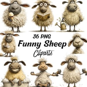 May include: A digital illustration featuring several cartoon sheep in various poses. One sheep holds an ice cream cone, another reads a book, and others are engaged in activities. The text "36 PNG Funny Sheep Cliparts" is displayed.