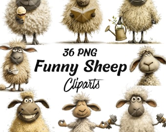 Funny Sheep Clipart PNG Bundle, Whimsical Cute Sheep Illustrations, Farm Animal Cartoon Art, Transparent Background