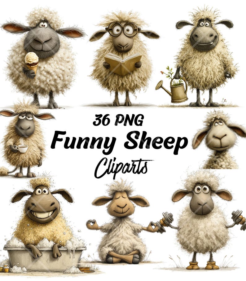 May include: A digital illustration of cartoon sheep in different poses. One sheep holds an ice cream, another reads a book, and others are engaged in activities. The text "36 PNG Funny Sheep Cliparts" is displayed.