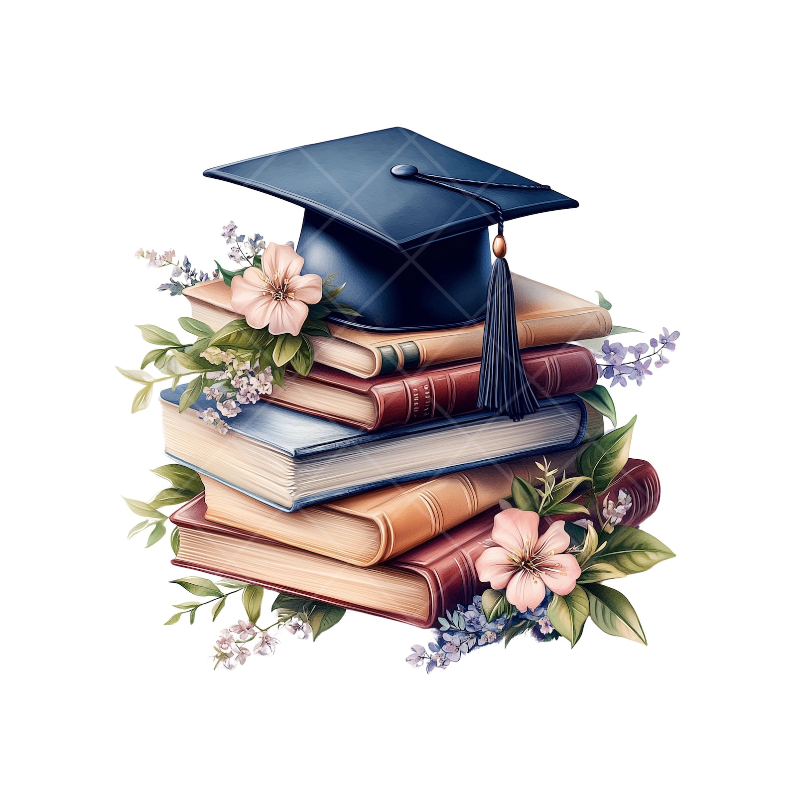 Watercolor Graduation Cap Clipart: Vintage Books, Roses (PNG Digital ...