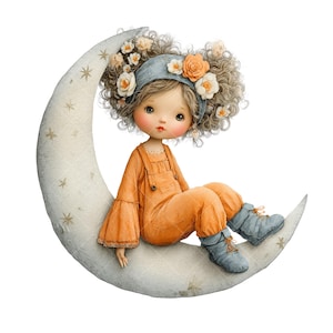 14 Cute Girl on Moon PNG Cliparts – Watercolor Nursery Art, Sleepy Child Illustration, Boho Kids Room Wall Decor Sublimation
