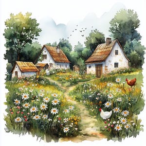 Acquerello rustico di campagna – 10 JPG Clipart di scene di villaggio affascinanti con cottage, fiori selvatici e animali in, download digitale
