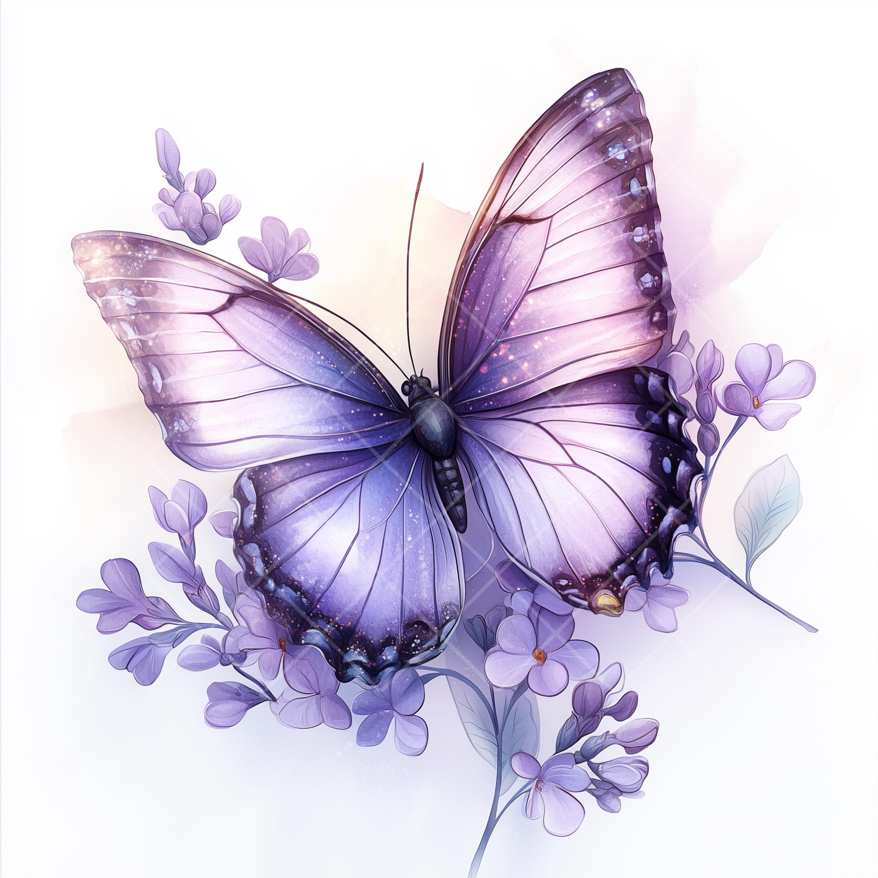 Purple Butterfly Watercolor Clipart: Sparkling Wings, Floral