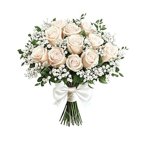 Elegante buquê de noiva em aquarela – 10 PNG Cliparts com rosas brancas e hálito de bebê para designs florais românticos, tema de casamento