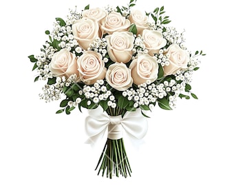 Watercolor Bridal Bouquet Clipart: White Roses & Baby's Breath (PNG Digital Download)