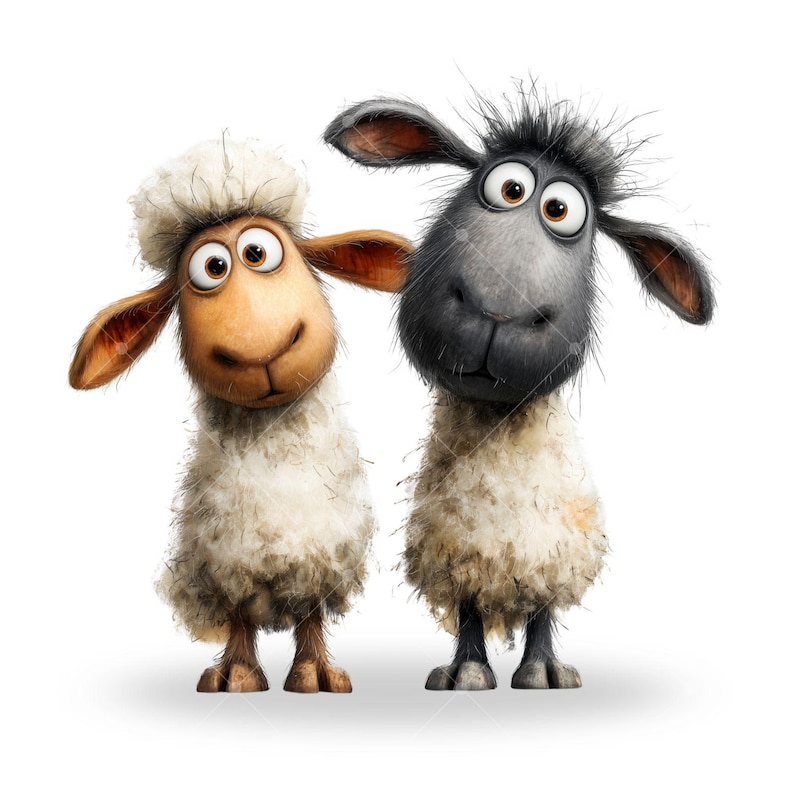 May include: A cartoon illustration of two sheep. One sheep is tan and white, the other is black and white. Both sheep have large, expressive eyes and are smiling. The sheep are standing close together, suggesting friendship or companionship.