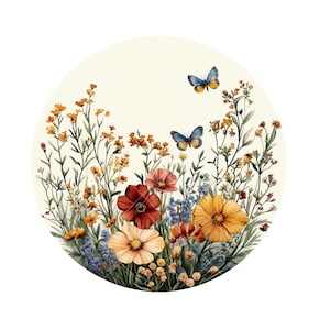 Cerchio di fiori selvatici ad acquerello – 10 clipart PNG con fiori di prato colorati in una delicata composizione botanica