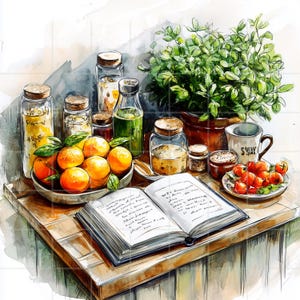 13 clipart da cucina, clipart con libri, barattoli da cucina per un arredamento accogliente e per ricette naturali, cucina rustica, utensili da cucina