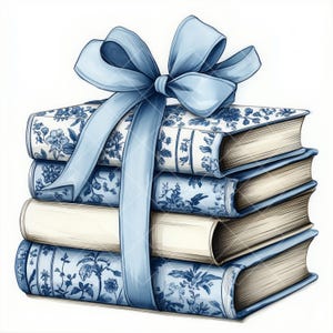 May include: A stack of blue and white patterned hardcover books tied together with a light blue ribbon bow.