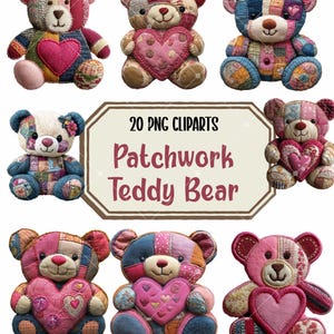Könnte beinhalten: Eine Sammlung bunter Patchwork-Teddybären, jeder mit einem einzigartigen Design und einem herzförmigen Akzent. Die Bären bestehen aus verschiedenen Stoffen und Mustern, mit einer Vielzahl von Farben wie Rosa, Blau, Rot und Beige. Der Text "20 PNG Cliparts Patchwork Teddy Bear" ist ebenfalls enthalten.