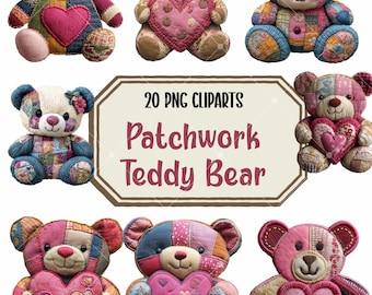 20 PNG clipart images of patchwork teddy bears | Illustrations of quilted fabric heart bears for Valentine's Day