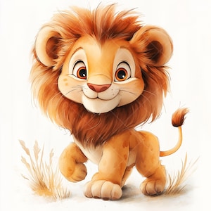 Adorabile set di clipart di cuccioli di leone - 12 illustrazioni di cuccioli di animali della giungla ad acquerello - Carini cartoni animati di leone safari in formato JPG per lavoretti e sublimazione