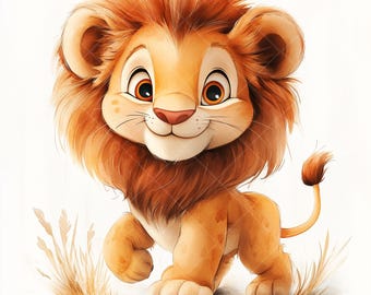 Adorable Lion Cub Clipart Bundle – 12 Watercolor Jungle Baby Animal Illustrations – Cute Cartoon Safari Lion JPGs for Crafts and Sublimation