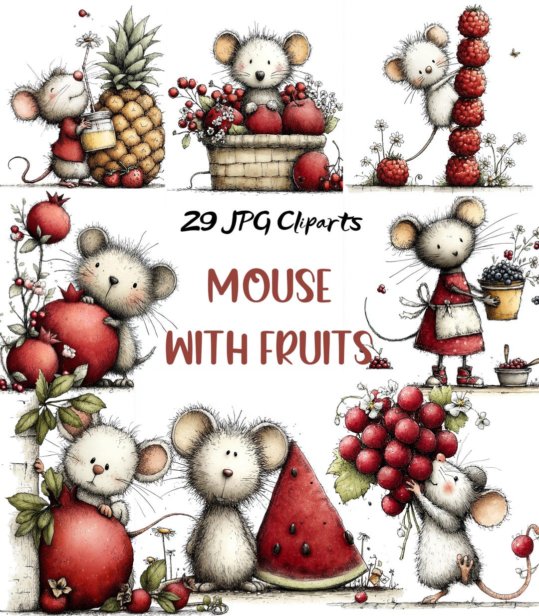 Fruit Tree Mouse Mouse Clipart Bundle With Fruits 29 Jpgs | Whimsical Nursery Animal Art ...