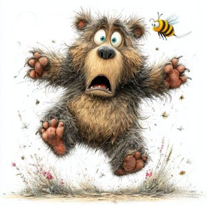 May include: A cartoon illustration of a startled brown bear with wide blue eyes and an open mouth, seemingly frightened by a yellow and black bee. The bear is mid-jump, surrounded by small insects and plants.