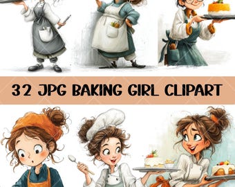 Baking Girl Clipart Set, 32 Pastry Chef Illustrations JPG, Cute Kitchen Art Bundle, Sweet Bakery Digital Download