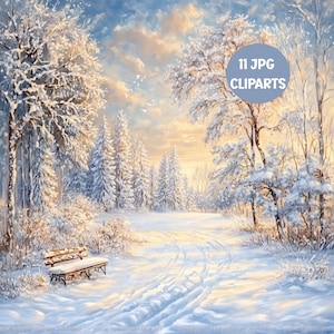 Könnte beinhalten: Ein Winterlandschaftsgemälde mit schneebedeckten Bäumen und einer Bank. Das Kunstwerk hat einen weichen, malerischen Stil mit einer Palette aus Weiß, Blau und Gold. Der Text "11 JPG CLIPARTS" ist im Bild sichtbar.