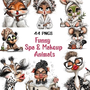 May include: A digital illustration featuring several anthropomorphic animals in spa and makeup settings. The image includes a fox, cat, rabbit, panda, mouse, giraffe, pig, and duck, with the text "44 PNGs Funny Spa & Makeup Animals".