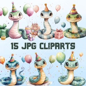 15 PNG Clipart de aniversário em aquarela - Cobra fofa com chapéus de festa, balões e elementos de feriado, PNG para decoração de berçário, convites e designs