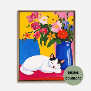 Sleeping White Cat Art Print | Digital Cat Poster on Colorful Floral   | Cozy Whimsical Wall Decor | Cat Lover Digital Download