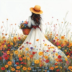 Op de afbeelding: Een vrouw in een witte jurk en strohoed loopt door een veld met kleurrijke wilde bloemen. Ze draagt een mand vol bloemen.