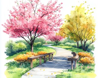 水彩画 田園風景 (春の息吹き) 春の風景水彩クリップアート：風光明媚
