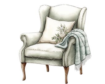 Cottagecore-stoel aquarel clipart: rustiek huisdecor (digitale png-download)