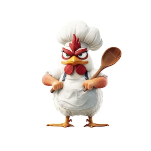 Wütend Huhn Chef 11 PNG Set - Lustige mürrische Henne in Schürze mit Löffel - Farmküche Kunst für Sublimation, Kunsthandwerk, Shirts und mehr