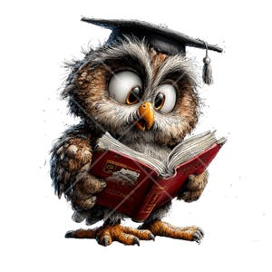 May include: A whimsical illustration of an owl wearing a graduation cap and reading a red book. The owl has large, expressive eyes and is rendered in shades of brown, white, and orange. The book has text on the cover.