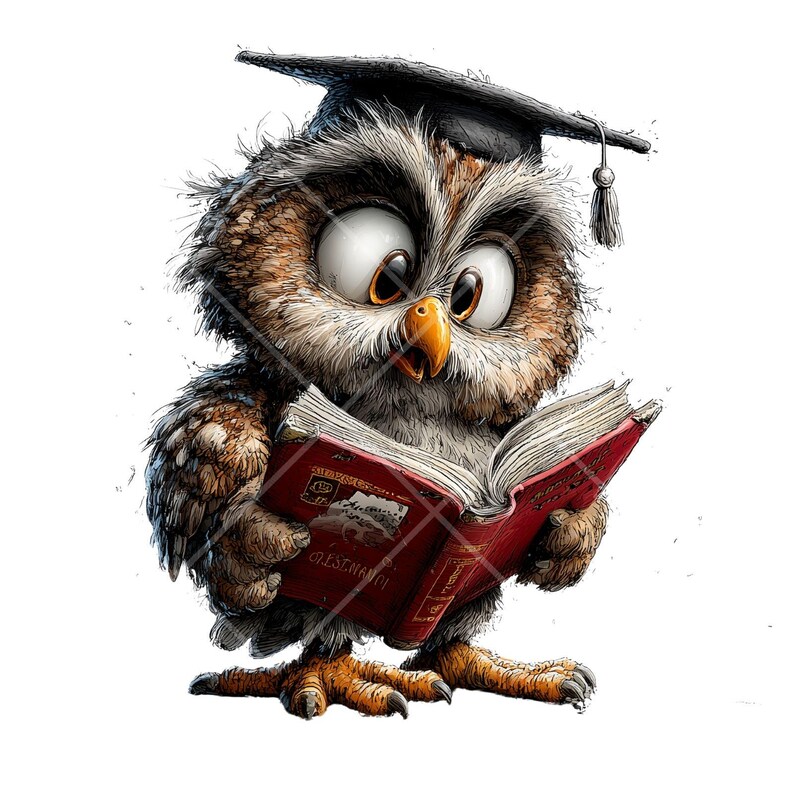 May include: A whimsical illustration of an owl wearing a graduation cap and reading a red book. The owl has large, expressive eyes and is rendered in shades of brown, white, and orange. The book has text on the cover.