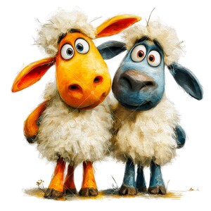 May include: A whimsical illustration of two cartoon sheep. One sheep is yellow and orange, the other is blue. Both have large eyes and fluffy white wool. They stand close together, suggesting friendship or companionship. The style is colorful and playful.