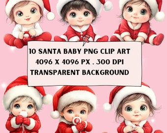 May include: A collection of six cartoon baby illustrations dressed in Santa Claus outfits. Each baby wears a red suit and hat with white trim. The image includes the text "10 SANTA BABY PNG CLIP ART 4096 X 4096 PX . 300 DPI TRANSPARENT BACKGROUND."