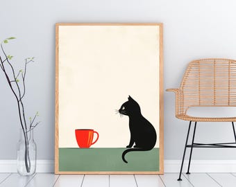 Retro Katze Kaffee Wand Kunst | Moderne Wanddekoration | Büro Schlafzimmer Dekoration | Einzigartiger gemütlicher Druck, Kaffeeliebhaber Kunst, Hauswanddekor, Küchendekor
