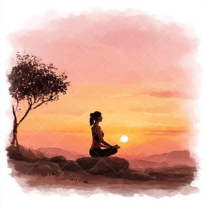 11 JPG yogakunstprints, aquarel meditatie clipartbundel, vrouw mediterend bij zonsondergang op natuurrots, spiritueel wellnessdecor