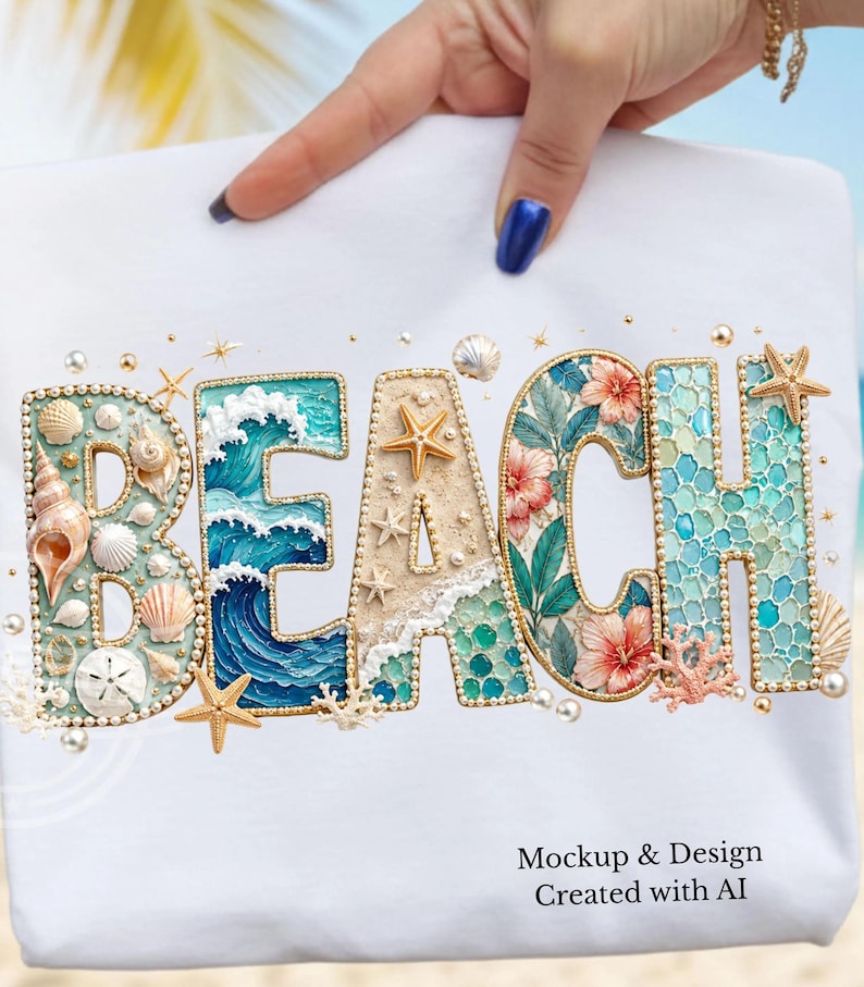 May include: A white t-shirt featuring the word BEACH in large letters. Each letter is decorated with coastal elements including seashells, starfish, coral, blue ocean waves, tropical hibiscus flowers, and sand textures, accented with small white pearls.