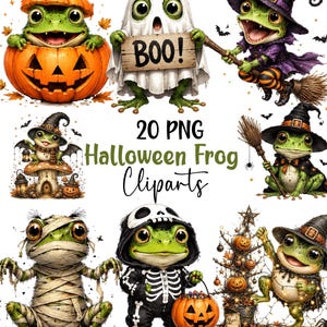 Może przedstawiać: Kolekcja 20 cyfrowych grafik przedstawiających zielone żaby w różnych kostiumach na Halloween, w tym żabę w dyni, ducha trzymającego znak z napisem BOO!, czarownicę na miotle, mumię oraz szkielet.