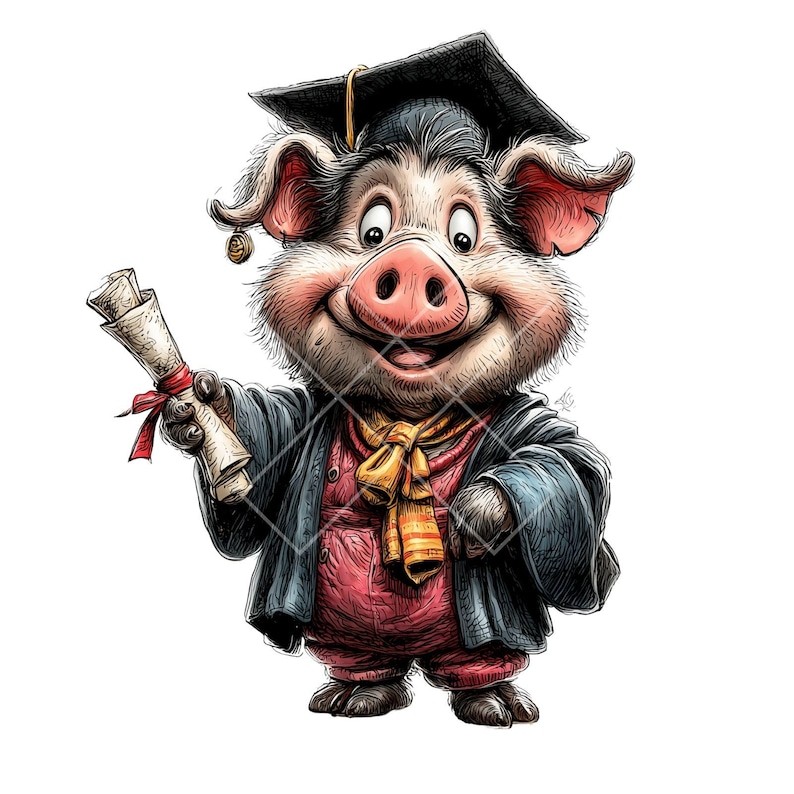 May include: A cartoon illustration of a pig wearing a graduation cap and gown, holding a diploma tied with a red ribbon. The pig has a smiling expression and is wearing a yellow scarf. The image is set against a white background.