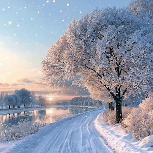 May include: A snow-covered landscape featuring a winding path leading towards a calm river at sunset. Large trees with branches heavily laden with white snow stand along the right side of the path, while soft light glows on the horizon.