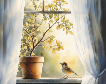 鳥の水彩画窓クリップアート：風光明媚な風景（JPG デジタル
