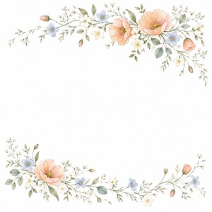 Op de afbeelding: Een aquarelillustratie met twee symmetrische bloemenranden aan de boven- en onderkant. Het ontwerp bevat zachte perzikkleurige klaprozen, kleine lichtblauwe bloemen, piepkleine witte bloesems en fijne groene blaadjes aan dunne steeltjes.
