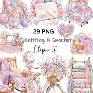 May include: A collection of 29 PNG Knitting & Crochet Cliparts featuring pastel yarn balls, crochet hooks, an open pattern book, a sewing machine, a bicycle with a flower and yarn basket, a rocking chair with a blanket, and a wooden storage rack.
