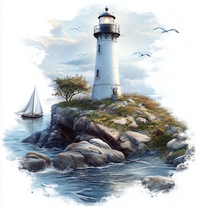 11 cliparts phares JPG : art nautique d'une île côtière avec des rives rocheuses, des vagues de l'océan et des mouettes pour des projets numériques et imprimés