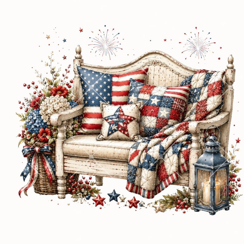 Pode incluir: Um banco branco adornado com almofadas e uma colcha em vermelho, branco e azul. Uma cesta de flores e uma lanterna completam a cena, evocando um tema patri&oacute;tico para uma celebra&ccedil;&atilde;o.