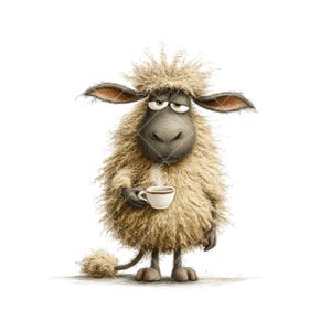 May include: A cartoon sheep with a tired expression, clutching a small coffee cup. The sheep is depicted with light brown, fluffy wool, dark eyes, and large ears. The cup is white with a brown rim. The background is plain white.