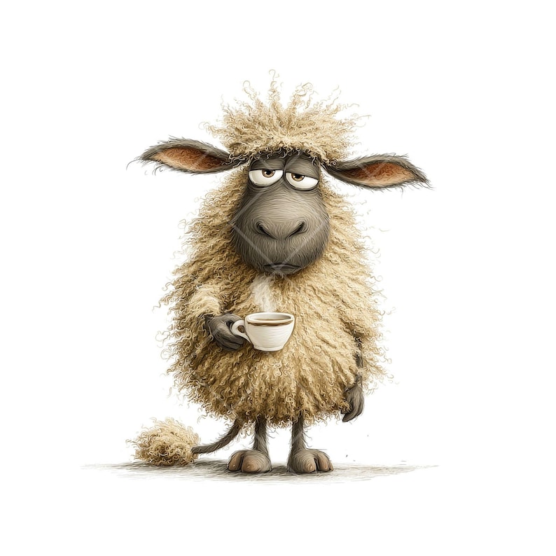 May include: A cartoon sheep with a tired expression, clutching a small coffee cup. The sheep is depicted with light brown, fluffy wool, dark eyes, and large ears. The cup is white with a brown rim. The background is plain white.