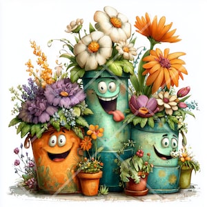 Puede incluir: Una ilustración caprichosa de macetas sonrientes rebosantes de flores coloridas. Las macetas están pintadas en tonos naranja y verde azulado, con caras expresivas. Las flores incluyen margaritas blancas, gerberas naranjas y peonías moradas.
