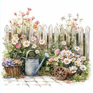 Op de afbeelding: Een aquarel schilderij van een wit houten hek met een tuin vol roze en witte bloemen. Een gieter en een kruiwagen staan op de voorgrond.