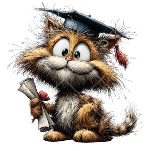 May include: A cartoon illustration of a ginger cat wearing a graduation cap with a red tassel. The cat is smiling and holding a rolled-up diploma tied with a red ribbon. The image has a whimsical, hand-drawn style.