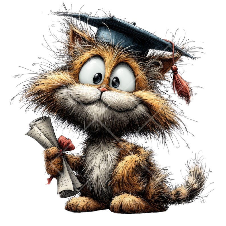 May include: A cartoon illustration of a ginger cat wearing a graduation cap with a red tassel. The cat is smiling and holding a rolled-up diploma tied with a red ribbon. The image has a whimsical, hand-drawn style.